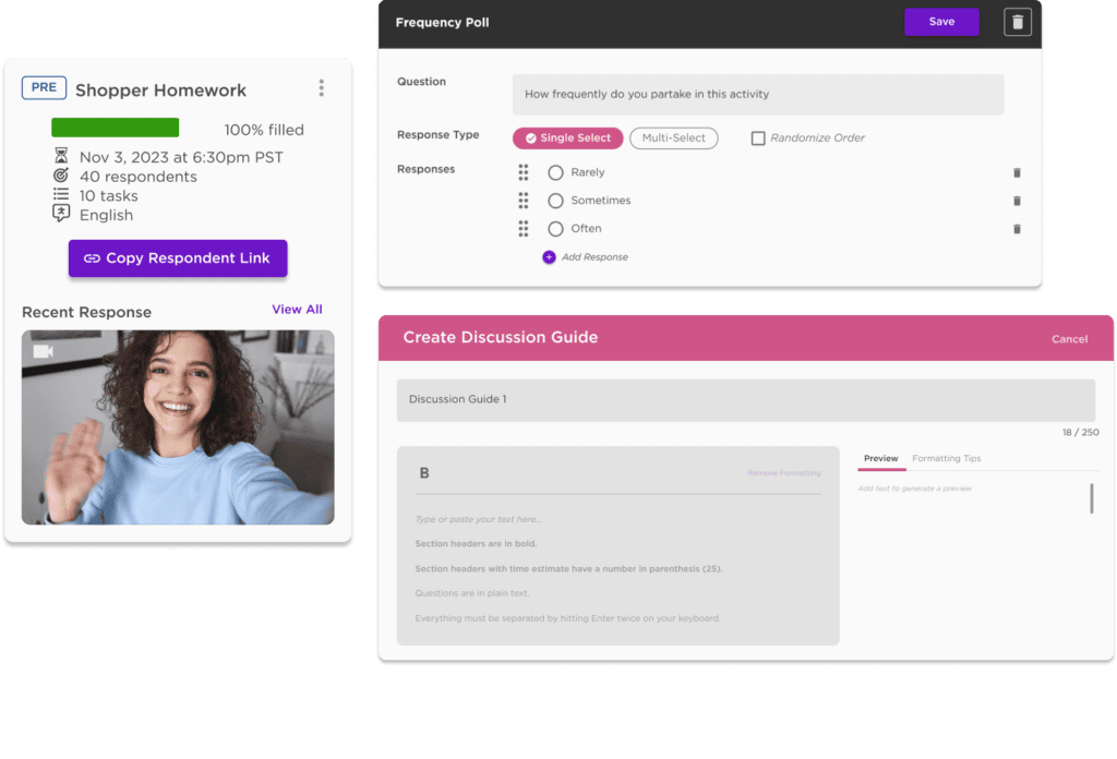 Screenshot of a survey interface showing a homework task, a frequency poll setup section, a recent response image of a person waving, and a discussion guide creation panel.