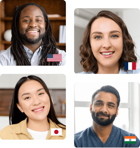 Four people are shown in individual frames, each proudly holding a national flag—USA, France, Japan, and India—as part of an online marketing research initiative.