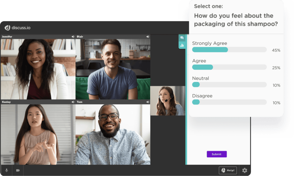 Four people on a video call with a poll about packaging design results shown on the side; options include Strongly Agree, Agree, Neutral, and Disagree.