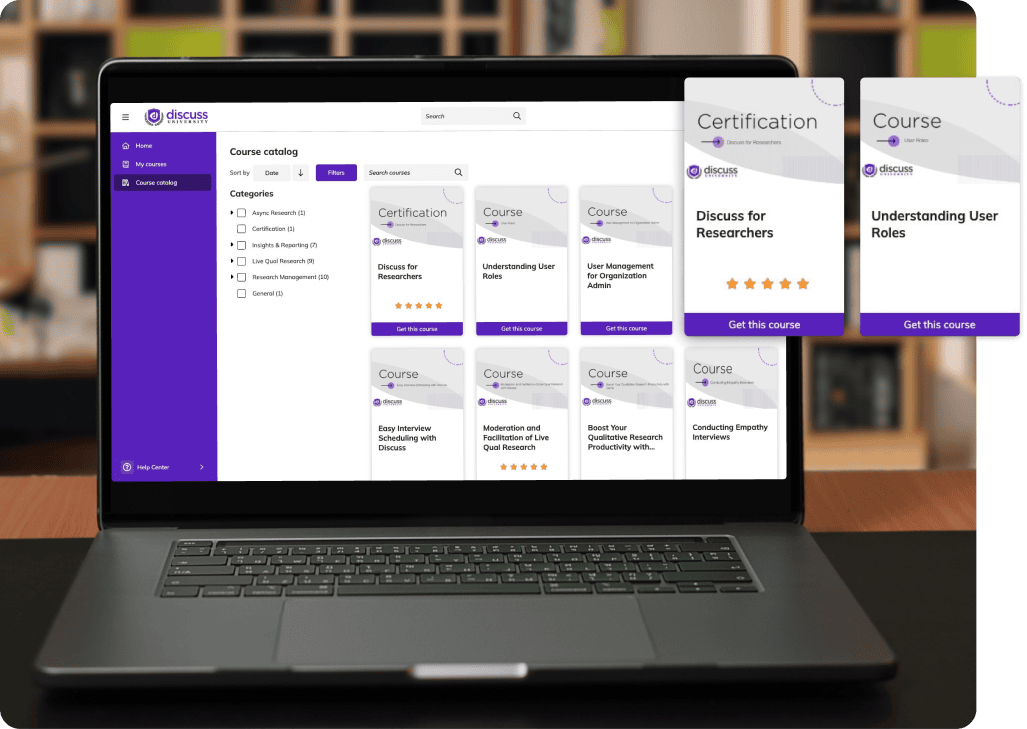 A laptop showcases an online course catalog with categories like "Certification" and "Courses." Explore classes such as "Discuss for Researchers," "Understanding User Roles," and dive deep into the intricacies of Online Marketing Research.