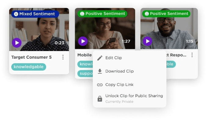 Three video thumbnails with sentiment labels. First is "Mixed Sentiment," the others are "Positive Sentiment." Options menu is open under the first thumbnail.