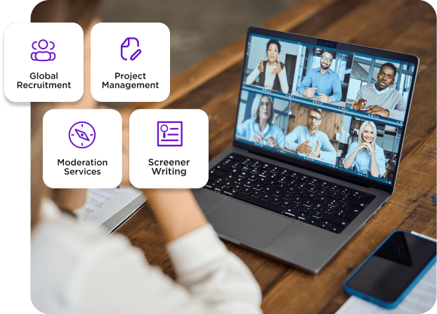 Person on video call with four participants on a laptop screen; text boxes list services: Global Recruitment, Project Management, Online Marketing Research, Moderation Services, Screener Writing.