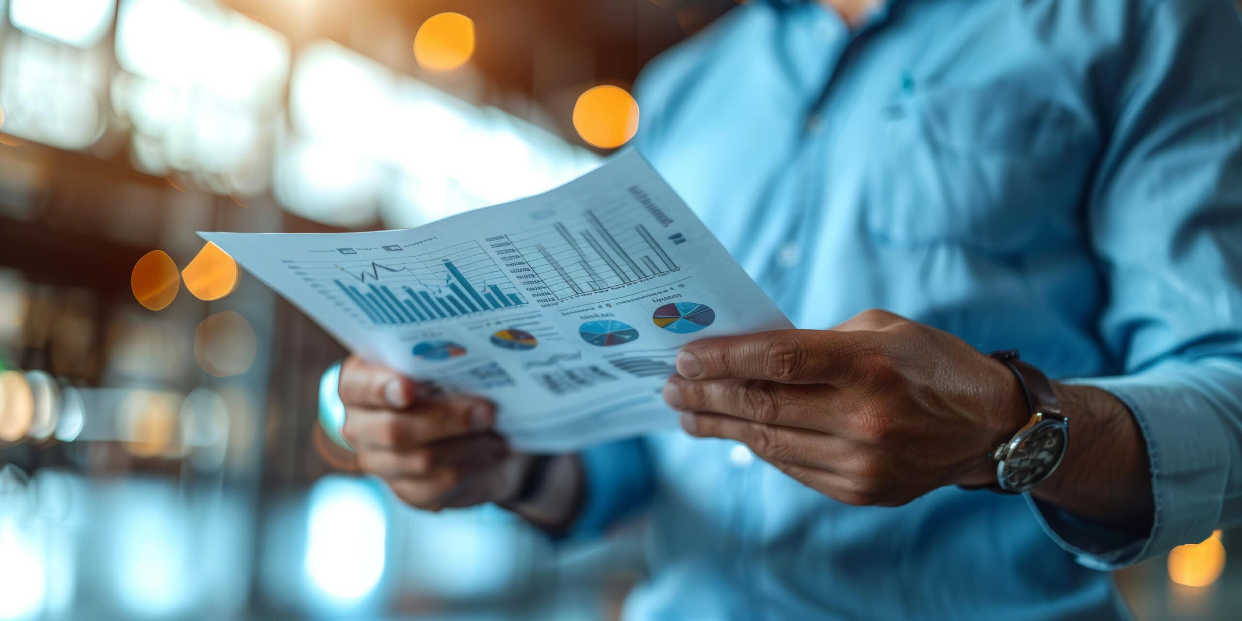 A person in a blue shirt holds a document displaying various charts and graphs, focusing intently on the data. Blurred background with warm lighting suggests an office or work environment.