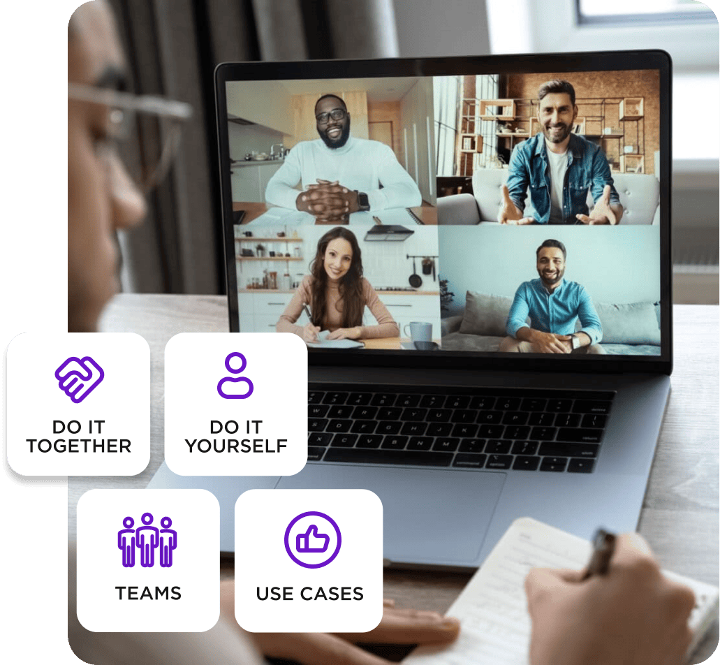 Person taking notes while on a video call with four people. Icons on the left show options: "Do It Together," "Do It Yourself," "Teams," and "Use Cases.