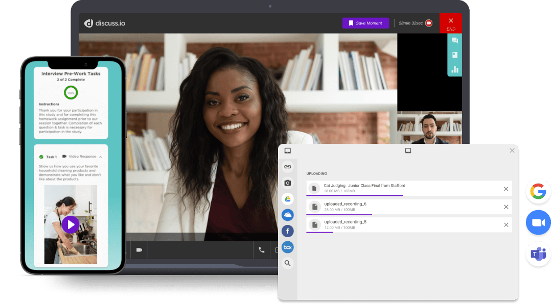 Video conferencing setup with a woman on a laptop screen, a mobile device displaying tasks, and a file upload window on a computer.