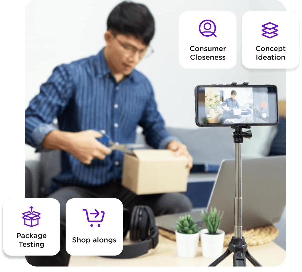 A person is unboxing a package on camera, with icons labeled Consumer Closeness, Concept Ideation, Package Testing, and Shop alongs displayed on the image.