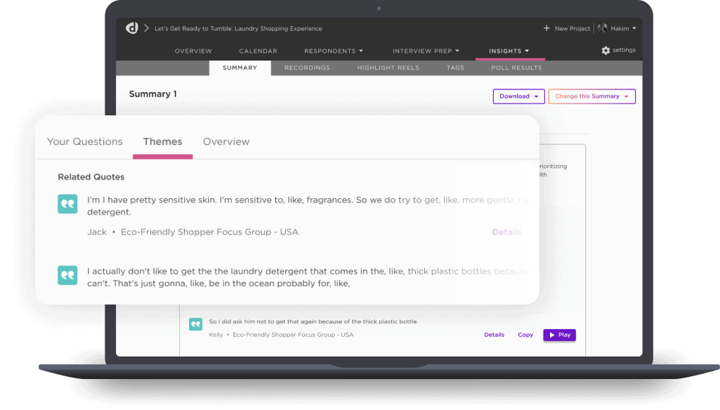 A laptop screen displaying a survey analysis tool seamlessly incorporates generative AI summaries, presenting sections for themes and related quotes from respondents.