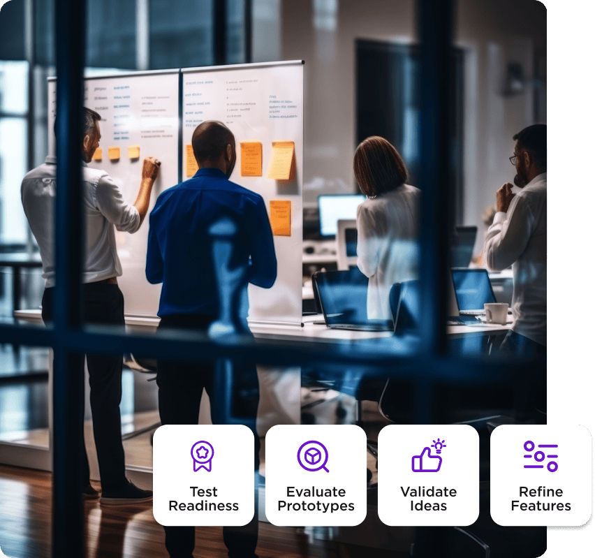 Four people collaborate at a whiteboard in an office. Icons below represent steps: test readiness, evaluate prototypes, validate ideas, refine features.