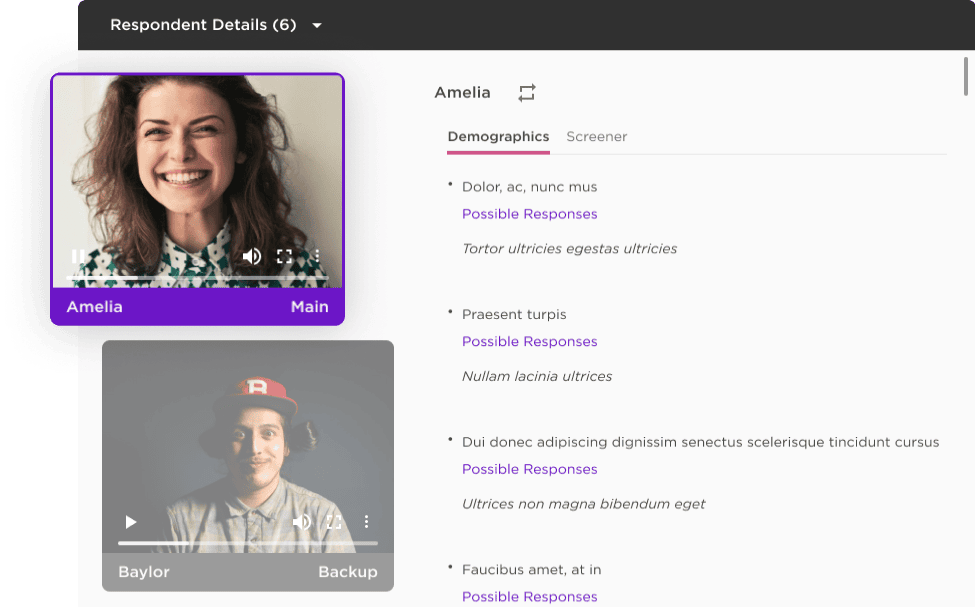 A user interface showing a respondent named Amelia with a profile picture and demographic details, alongside another respondent named Baylor, who is labeled as backup.