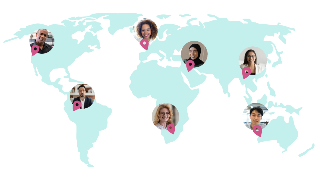 A world map with location markers displays profile pictures of six diverse individuals, placed strategically across different global regions, showcasing the reach and diversity critical for successful online marketing research.