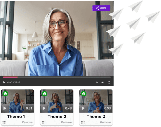 A woman in glasses and a blue shirt is on a video call. Three video thumbnails labeled Theme 1, Theme 2, and Theme 3 are below. Paper planes are flying on the right.