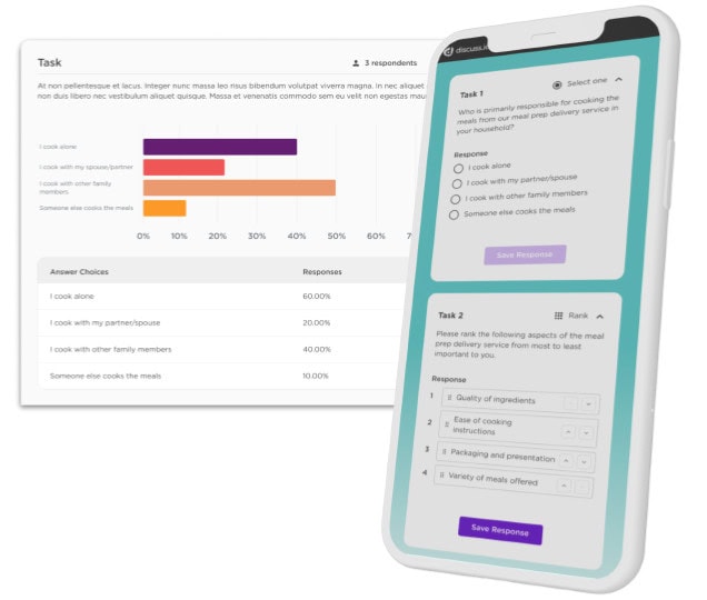 Mobile phone displaying a survey about cooking responsibilities, showing task options and response statistics on a nearby chart.