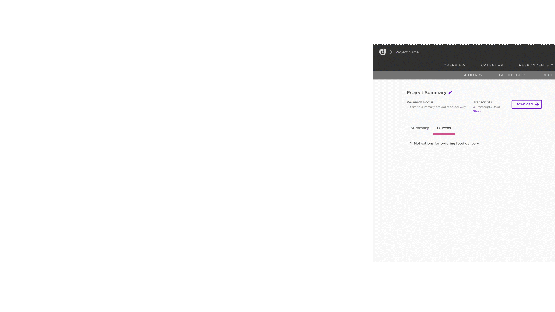 Screenshot of a webpage showing a project summary with a download button for transcripts. The page includes sections for summary and quotes related to the motivation for using food delivery.