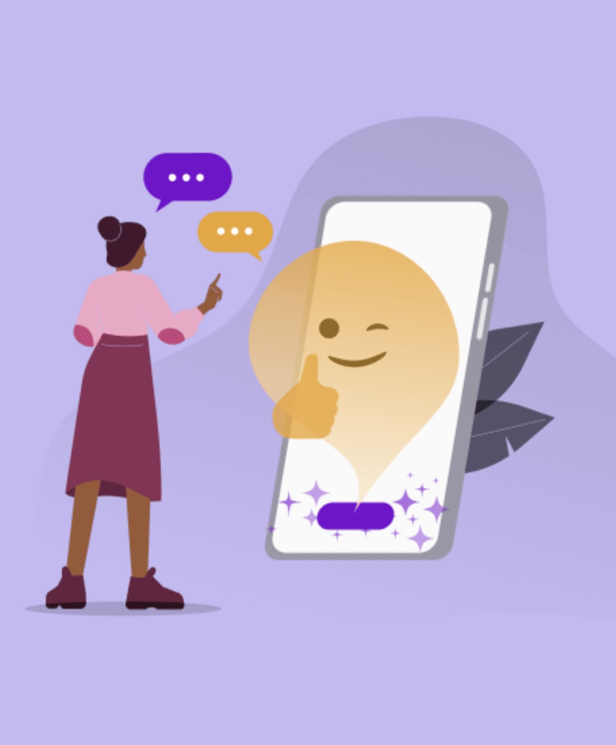 Illustration of a woman interacting with a smartphone. The phone displays a winking emoji giving a thumbs-up. Speech bubbles appear around the woman.