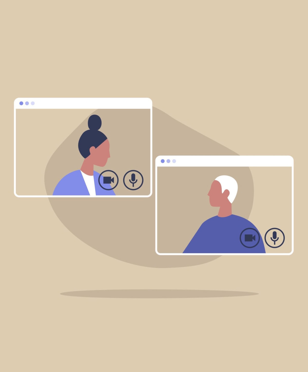 Illustration of a video call between two people in separate windows, each with video and microphone icons. One person has dark hair in a bun, and the other has short white hair.