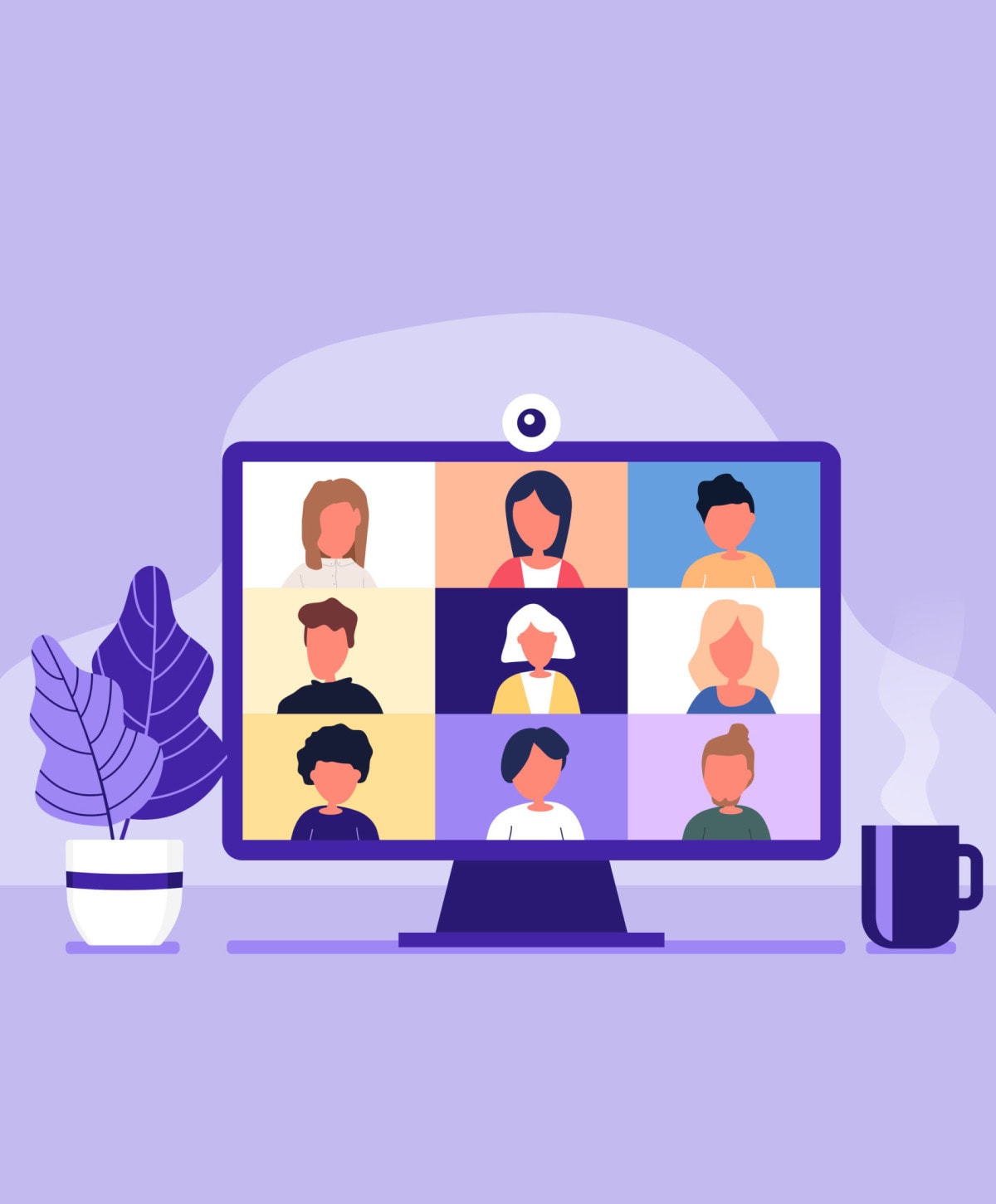 Illustration of a virtual meeting on a computer screen displaying nine participants in colored squares. A plant and a steaming mug sit beside the monitor on a purple background.