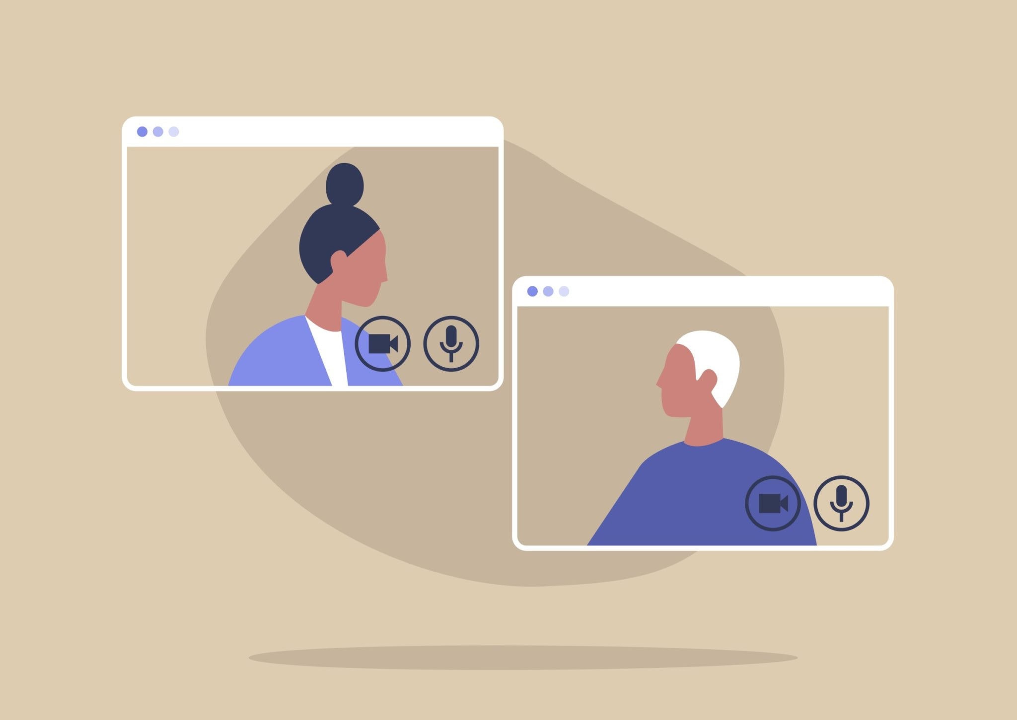 Two stylized human figures in separate video call windows on a beige background, accompanied by icons for video and audio, depict the essence of online marketing research.