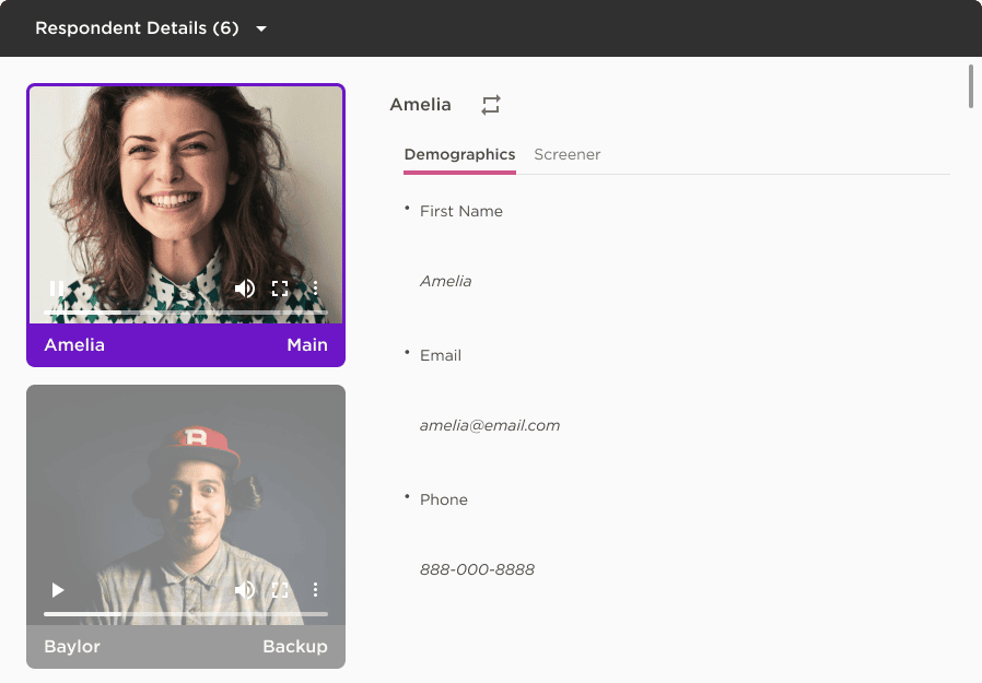 User interface showing the profile of an individual named Amelia, including demographic details like email and phone number. There is also a backup respondent named Baylor.
