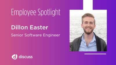 Employee Spotlight: Discuss senior software engineer Dillon Easter, set against a serene body of water with a purple gradient backdrop.