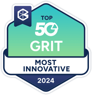 Badge displaying "Top 50 GRIT Most Innovative 2024" with a gradient background and geometric design.