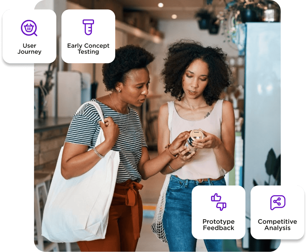 Two people examining a product in a store, surrounded by icons labeled "User Journey," "Early Concept Testing," "Prototype Feedback," and "Competitive Analysis.