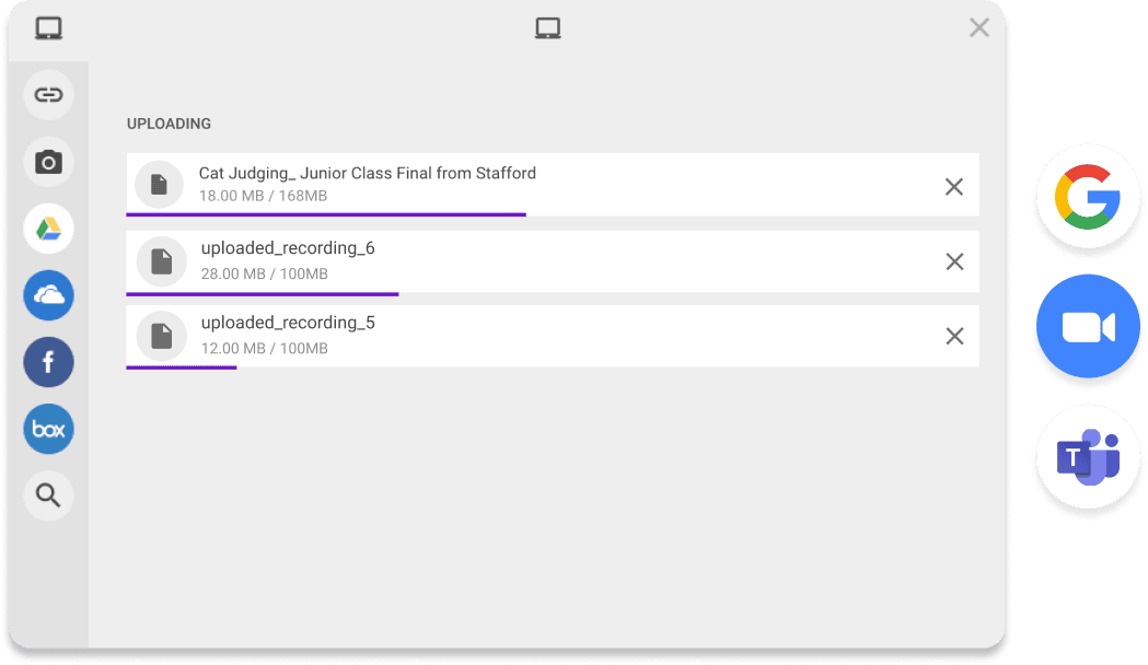 A file upload interface shows progress bars for three files uploading: "Cat Judging," "uploaded_recording_6," and "uploaded_recording_5.