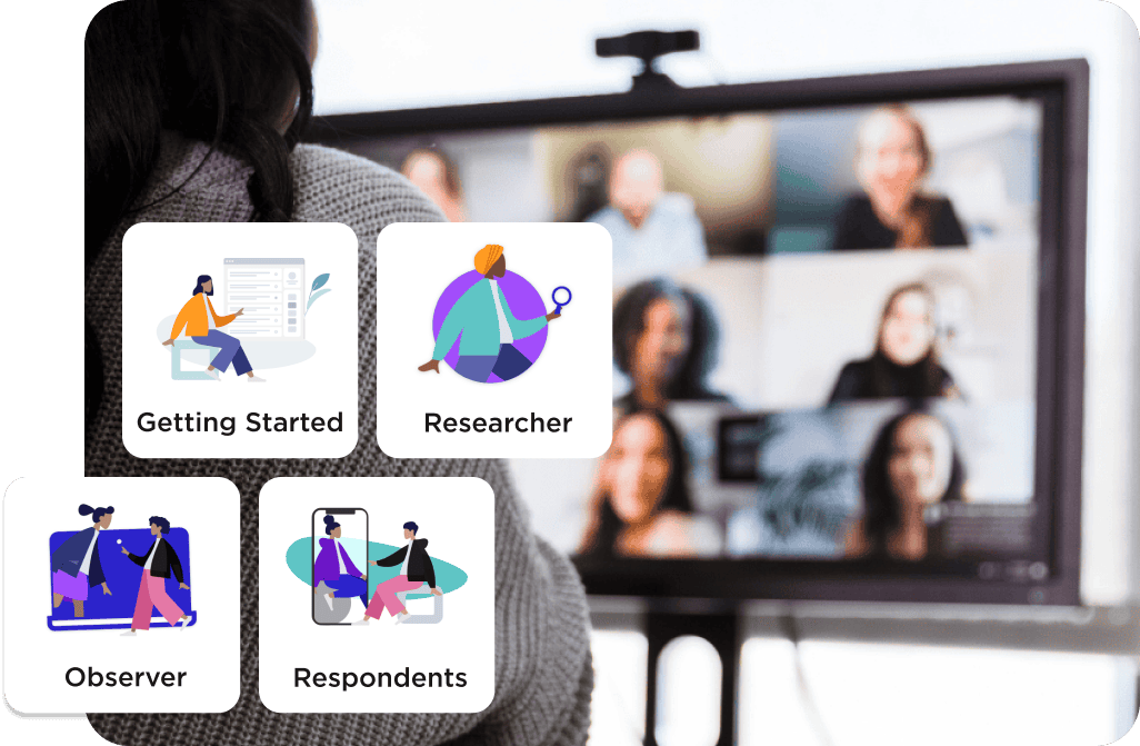 A person looking at a screen with a video call featuring multiple participants. Icons labeled "Getting Started," "Researcher," "Observer," and "Respondents" are overlaid on the image.