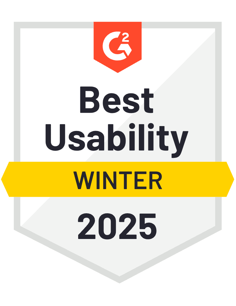 G2 Best Usability Winter 2025 badge proudly showcases a red "G2" symbol and a yellow banner, inviting users to discuss reviews and share their experiences.