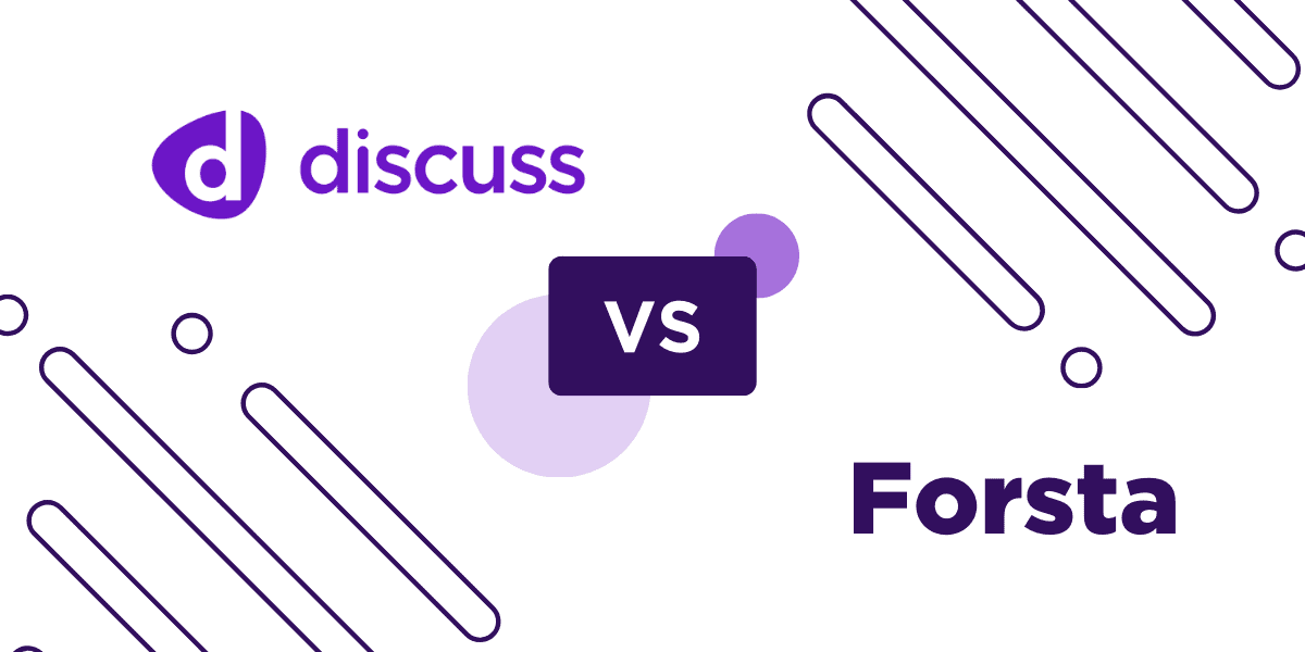 Graphic with "discuss" logo on the left and "Forsta" text on the right, separated by a "vs" box at the center. Diagonal lines and circles decorate the background, subtly hinting at market insights.