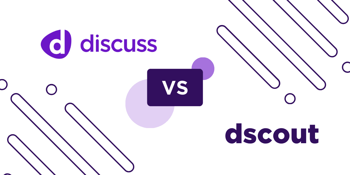 Comparison graphic featuring "discuss" on the left and "dscout" on the right, separated by "vs" in the center, against abstract diagonal line patterns. Gain market insights as you explore each platform’s strengths and unique features in delivering actionable data.