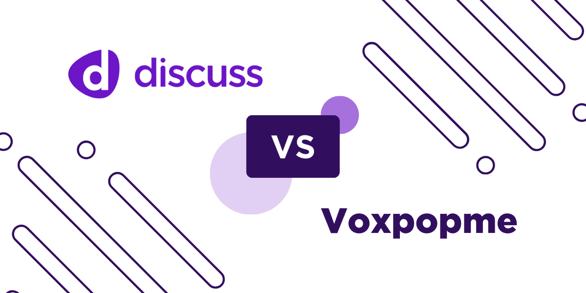 Logos of "discuss" and "Voxpopme" with "VS" in the center, framed by diagonal lines and circles on a white background, capturing the essence of market insights.