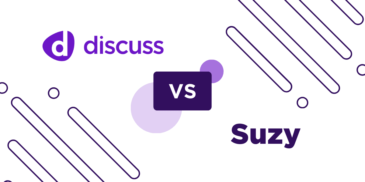 Abstract illustration featuring the text "discuss" with a logo on the left and "Suzy" on the right, separated by a "vs" in the center. Against a white background with purple geometric lines, this piece evokes cutting-edge market insights.