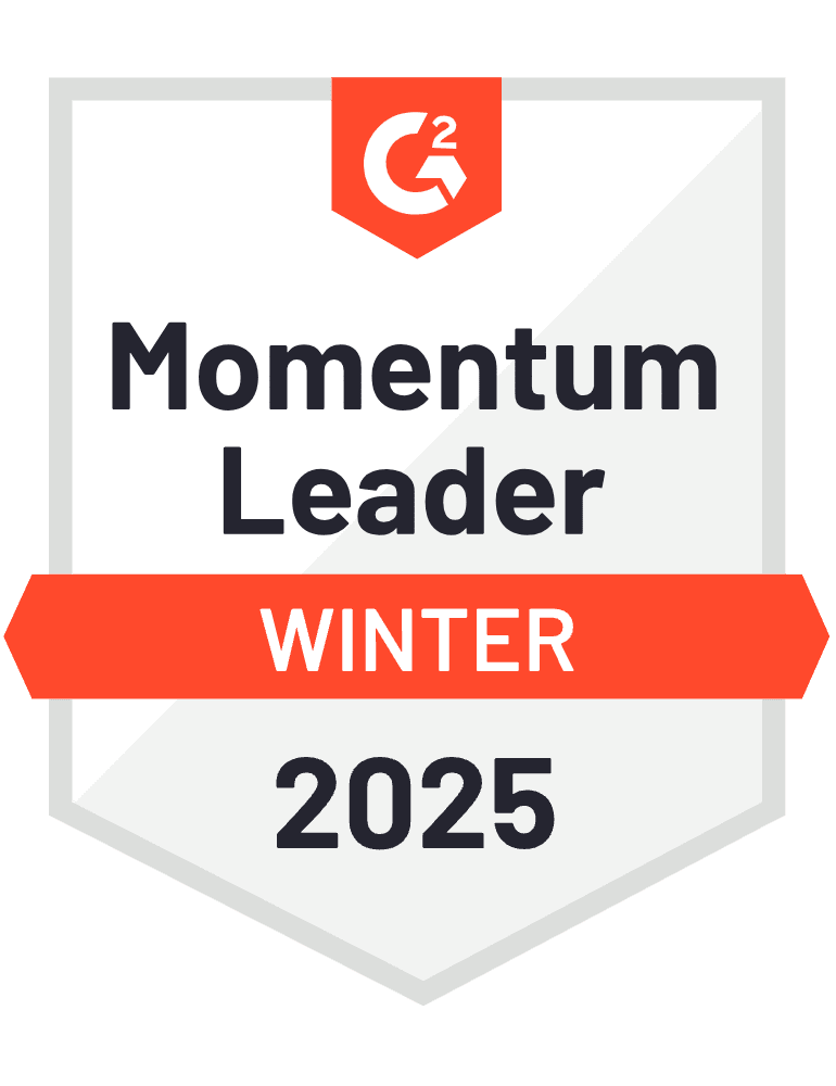 A badge from the G2 Winter Reports showcases the "Momentum Leader Winter 2025" award.