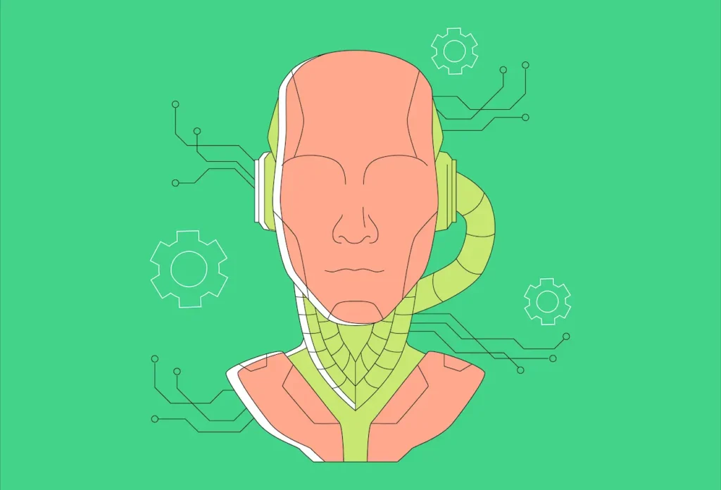 Illustration of a humanoid robot head with circuit-like lines extending outward, surrounded by gear symbols, on a green background.